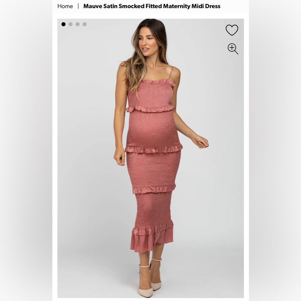 Mauve Satin Smocked Fitted Maternity Midi Dress